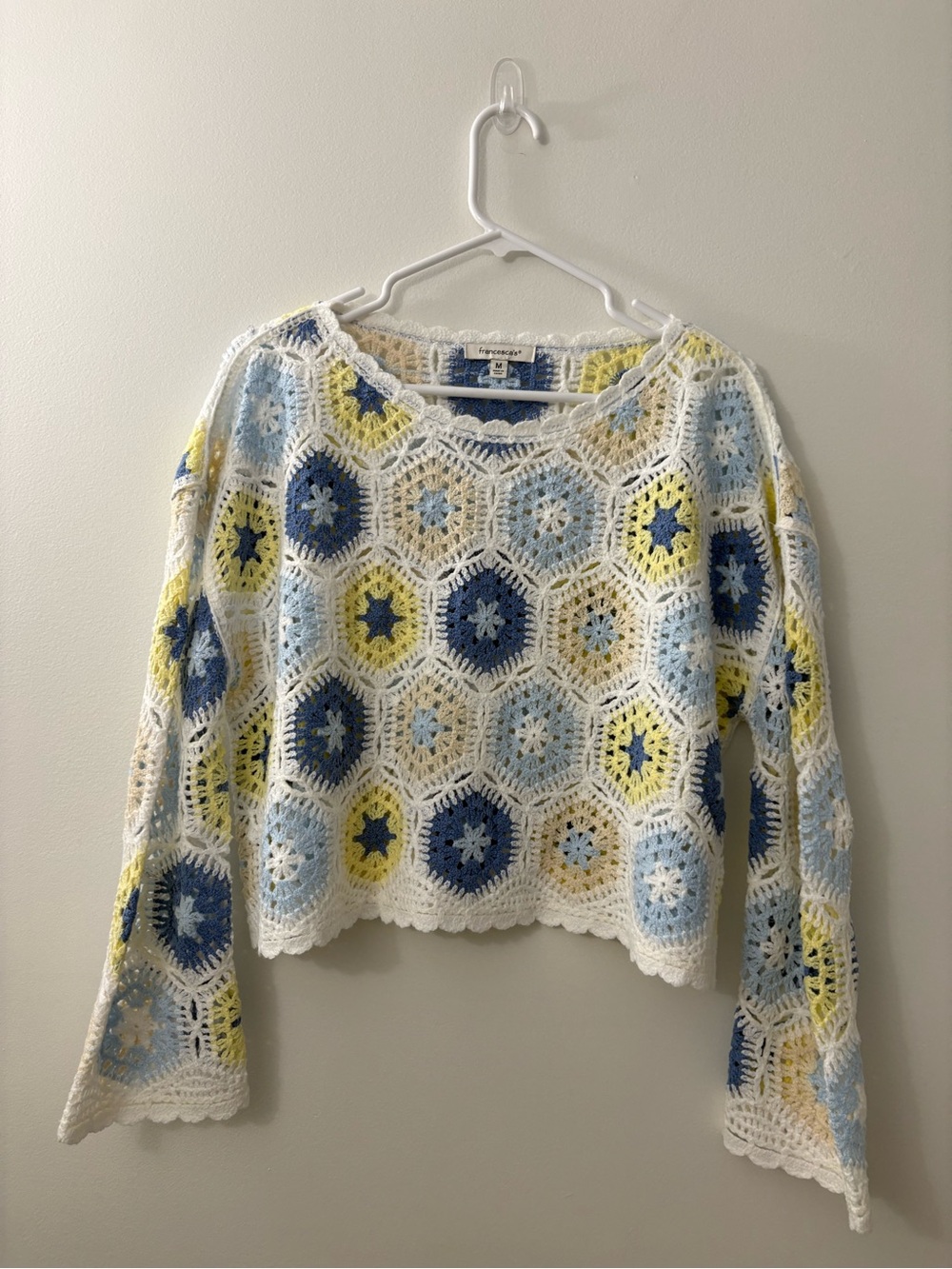 Crochet Hexagon Pullover - Blue, Yellow & White